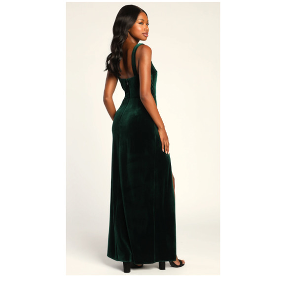 Lulus Elegant Sweetie Emerald Green Velvet Square Neck Maxi Dress Size: L - Picture 8 of 11